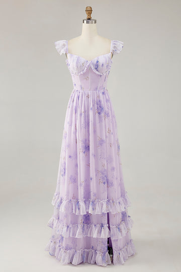 Lavender Flower Printed Ruffled A Line Bridesmaid Dress with Slit